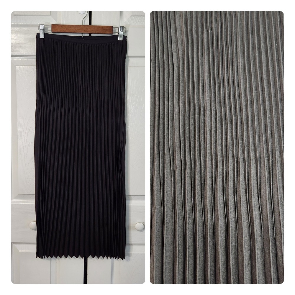 Eileen Fisher Black Wool Silk Blend Accordion Pleated Midi Skirt Small NWT